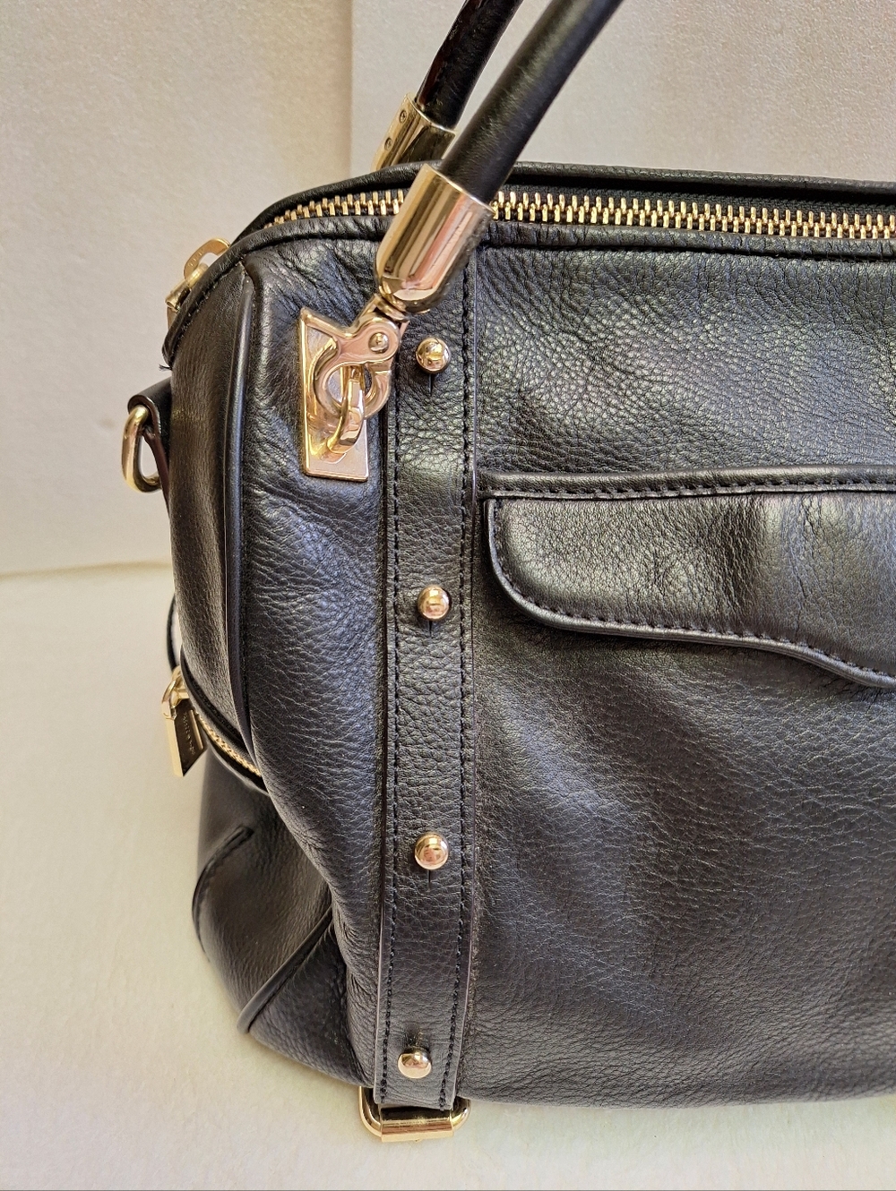 Rebecca Minkoff Cupid Satchel Black Pebbled Leather Gold Studded Bag VGUC - Picture 9 of 15